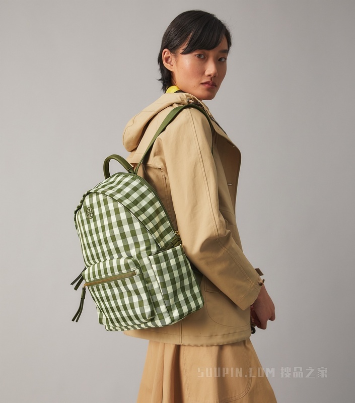 Piper 拉链格纹双肩包 橄榄绿/象牙白格纹