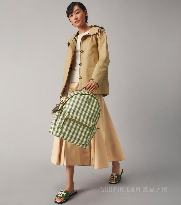 Piper 拉链格纹双肩包 橄榄绿/象牙白格纹
