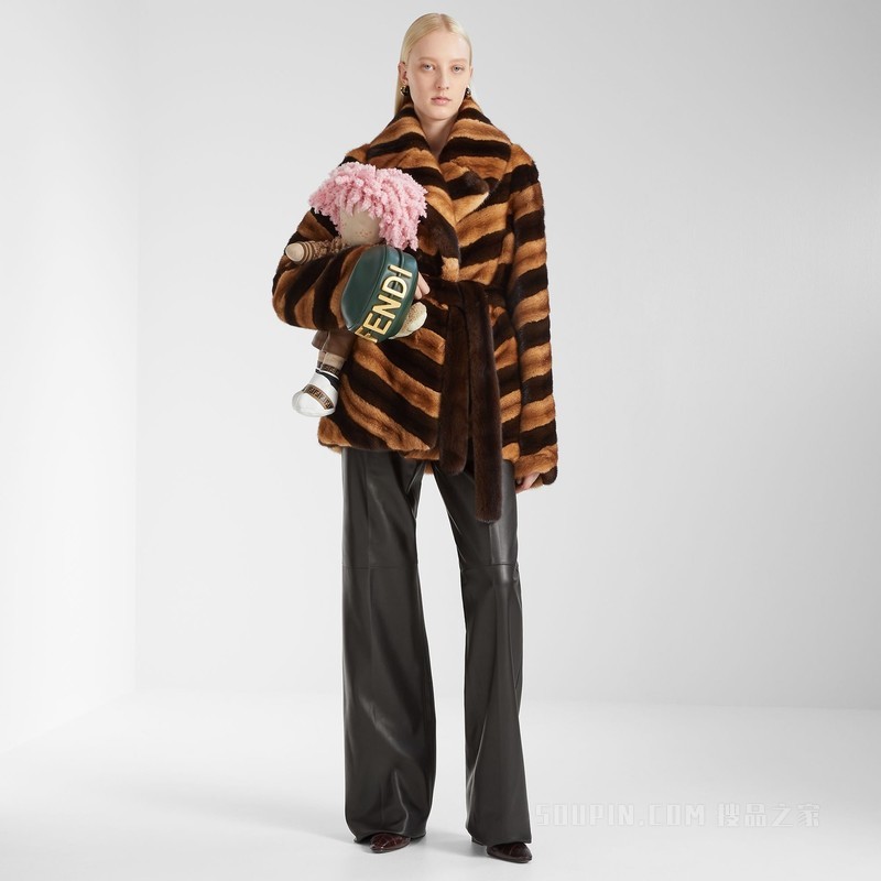 夹克衫 棕色人字纹貂皮夹克