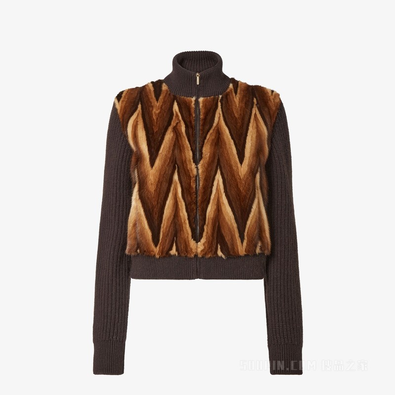 飞行员夹克 棕色人字纹貂皮和羊绒飞行员夹克