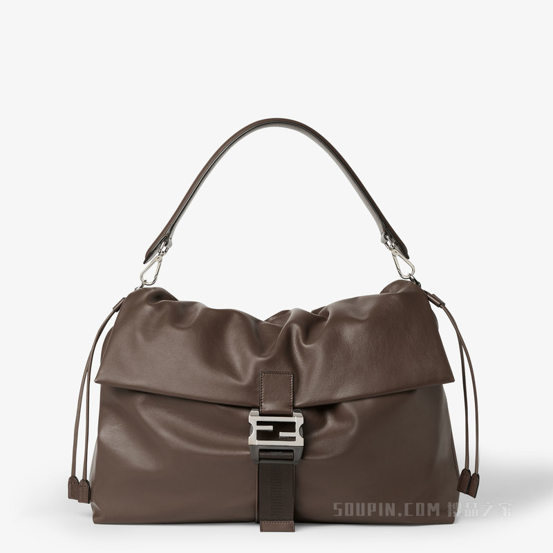 FENDI Flux大号邮差包 深棕色皮革手袋