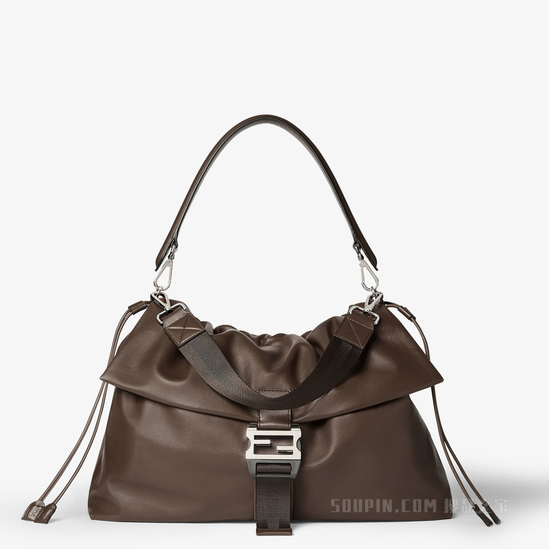 FENDI Flux大号邮差包 深棕色皮革手袋