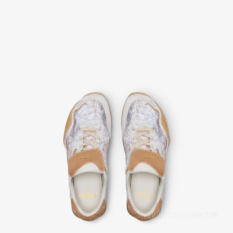 FENDI Wave Pulse 白色布料和米色卡瓦利诺小牛皮低帮鞋