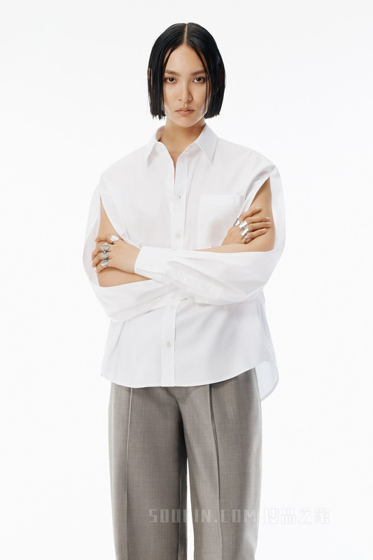 白色棉质开衩袖衬衫