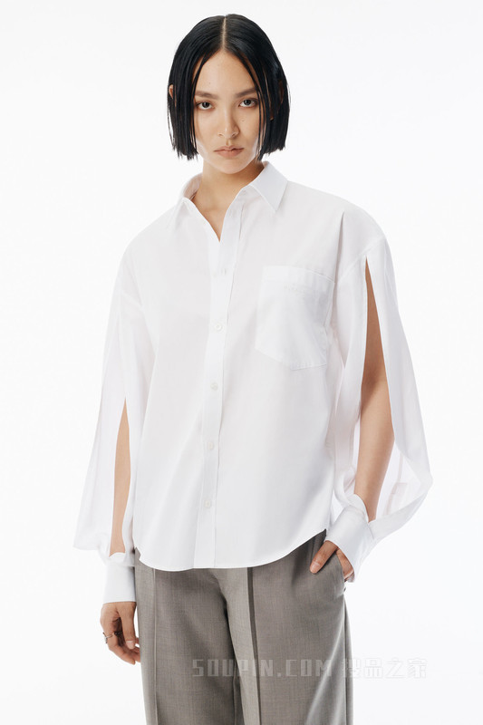 白色棉质开衩袖衬衫