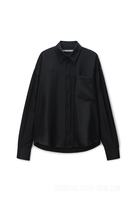 黑色真丝开衩袖衬衫