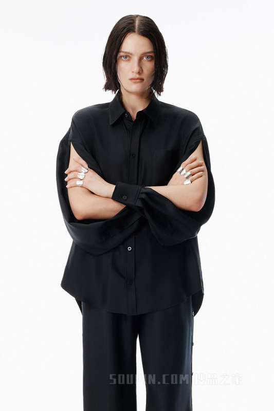 黑色真丝开衩袖衬衫