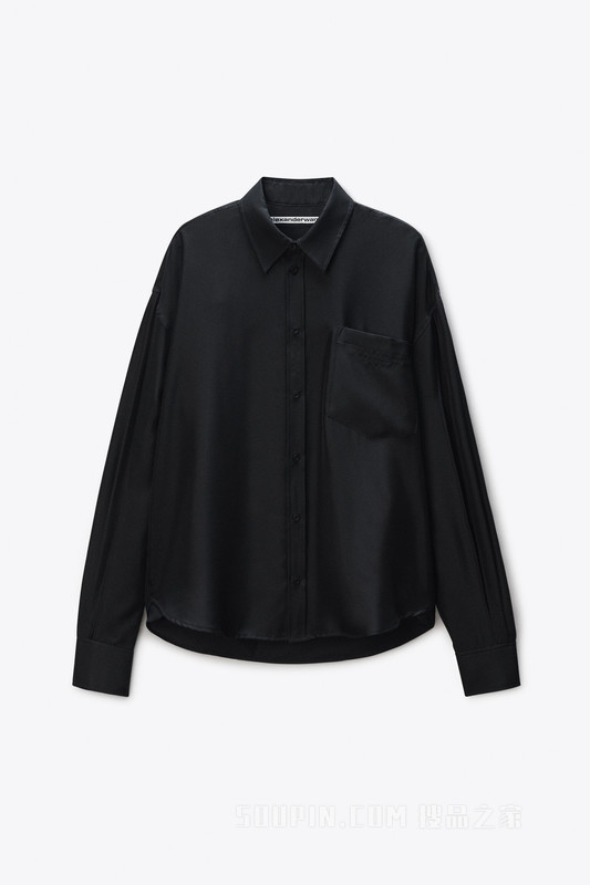 黑色真丝开衩袖衬衫