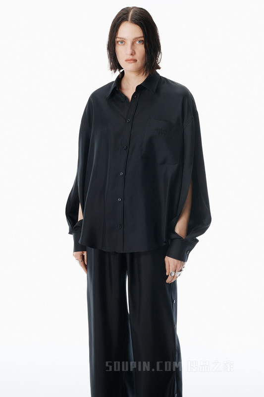 黑色真丝开衩袖衬衫
