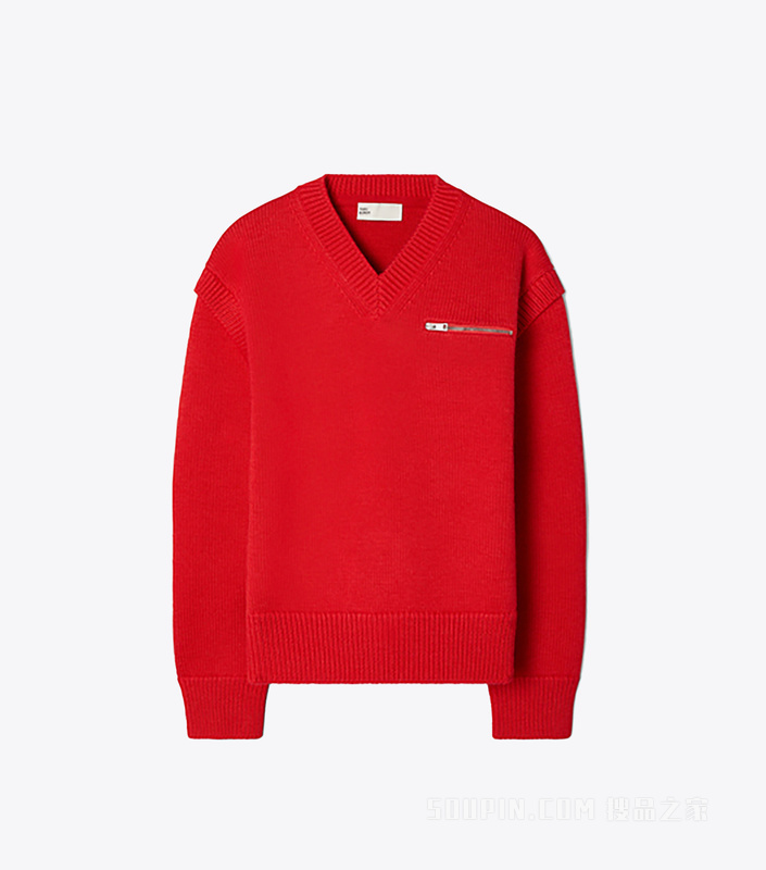 V 领羊毛毛衣 绯红色