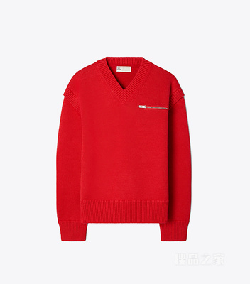 V 领羊毛毛衣 绯红色