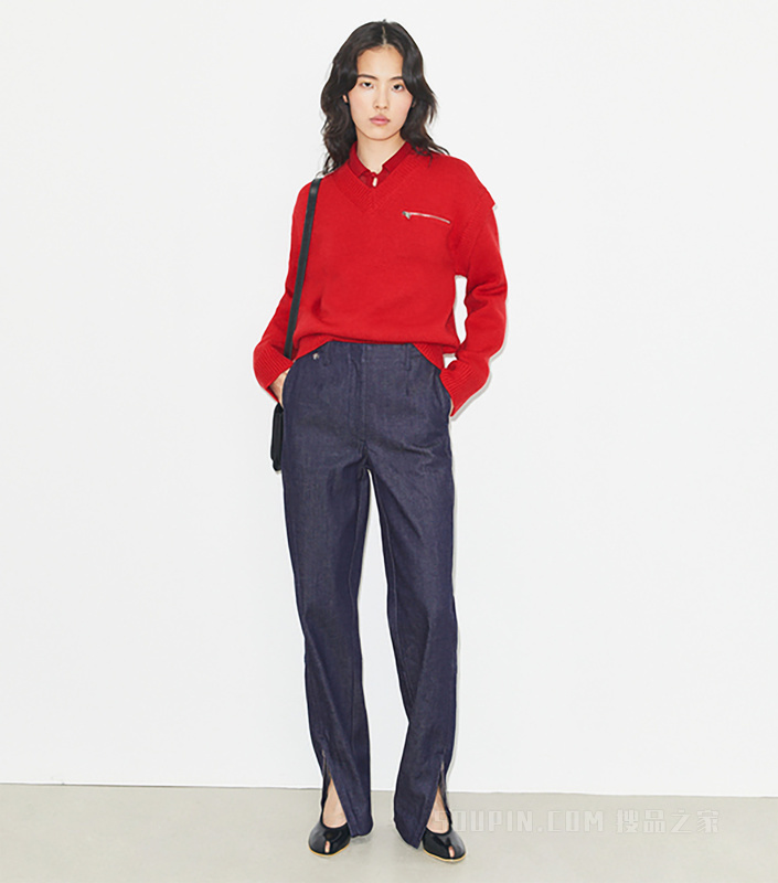 V 领羊毛毛衣 绯红色