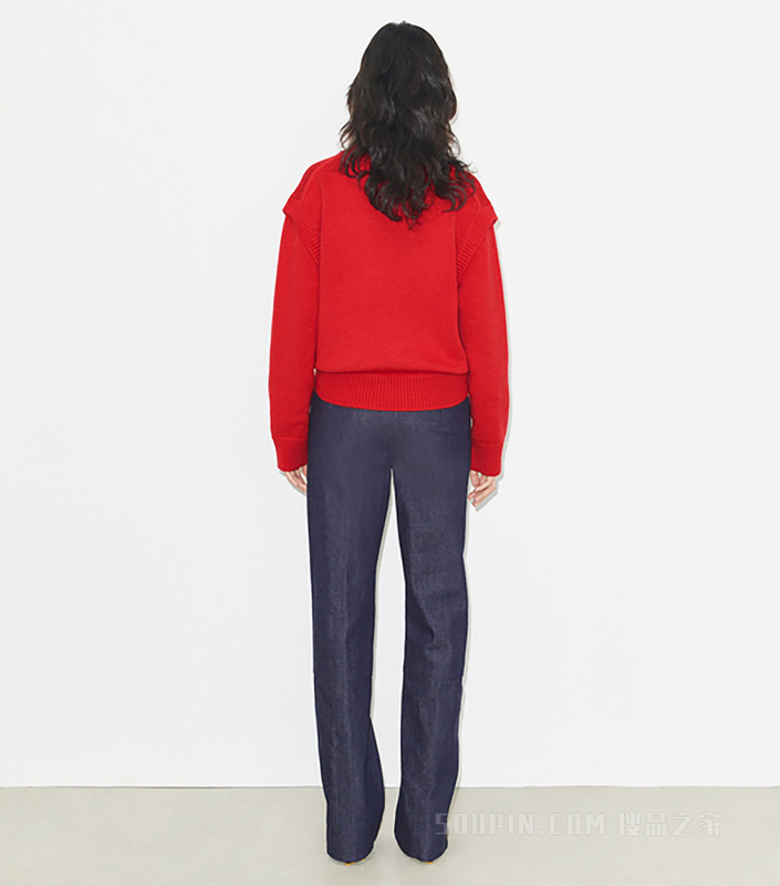 V 领羊毛毛衣 绯红色