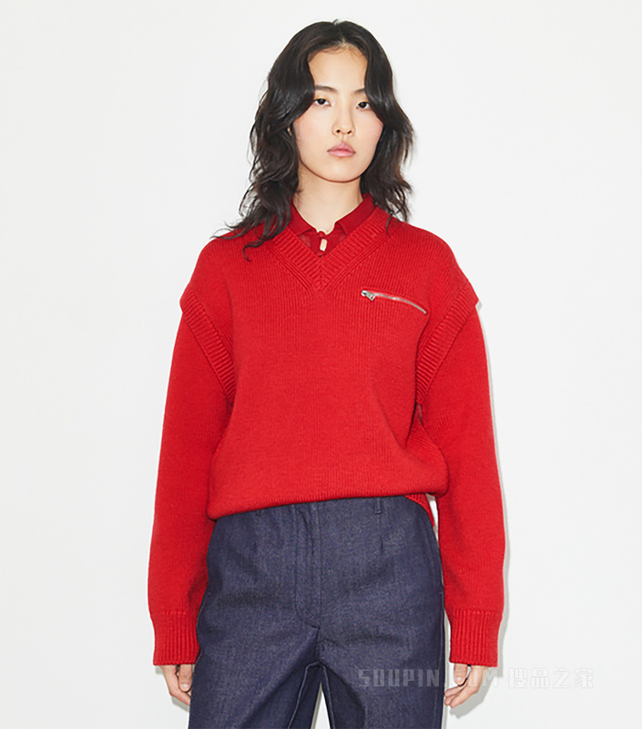 V 领羊毛毛衣 绯红色