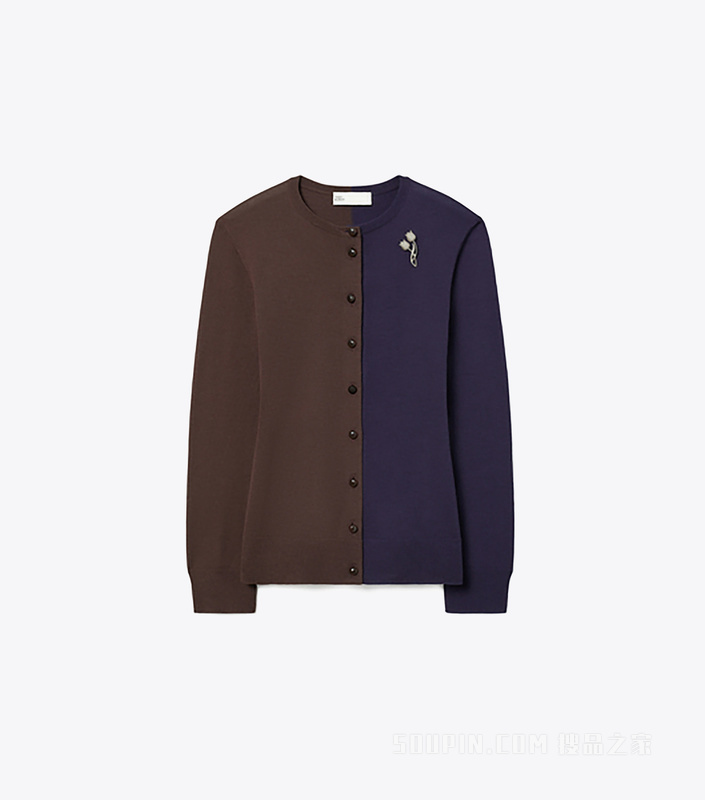 拼色羊毛开衫 深棕色/深蓝色