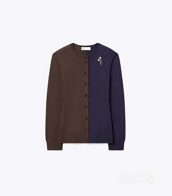 拼色羊毛开衫 深棕色/深蓝色