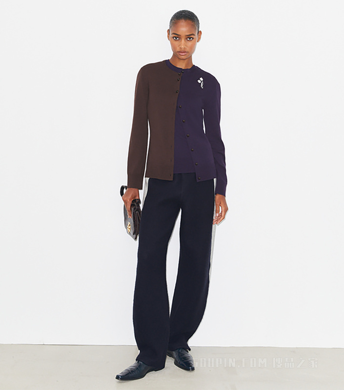 拼色羊毛开衫 深棕色/深蓝色