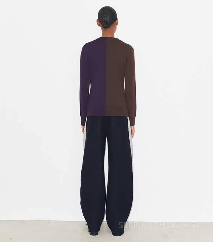 拼色羊毛开衫 深棕色/深蓝色