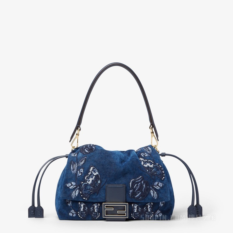 Mamma Baguette中号手袋 蓝色植绒牛仔面料手袋