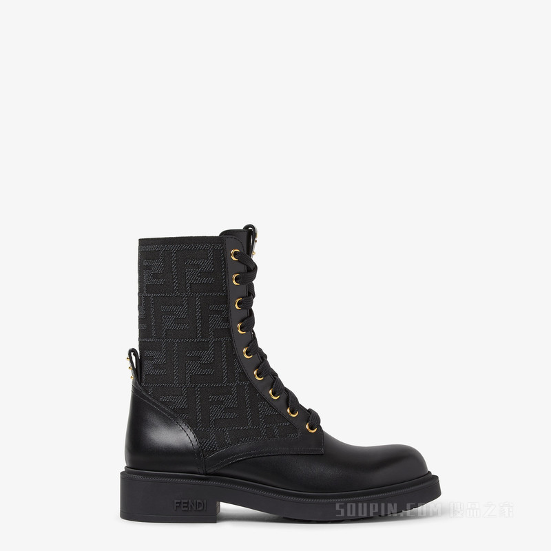 FENDI Filo 黑色皮革和FF布料机车靴