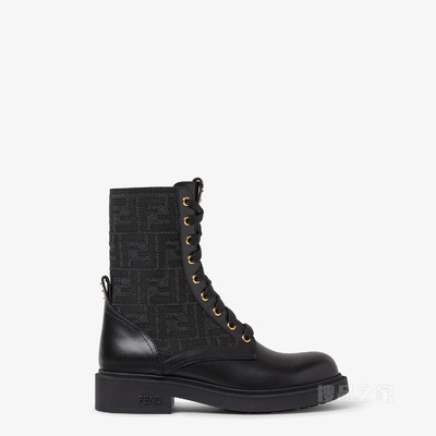 FENDI Filo 黑色皮革和FF布料机车靴