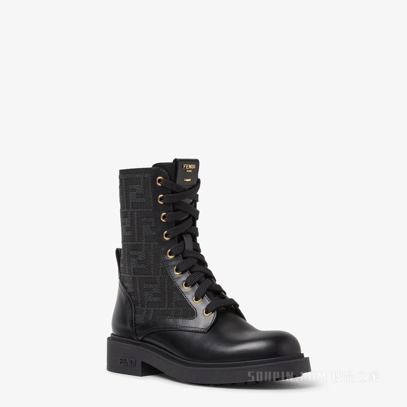 FENDI Filo 黑色皮革和FF布料机车靴