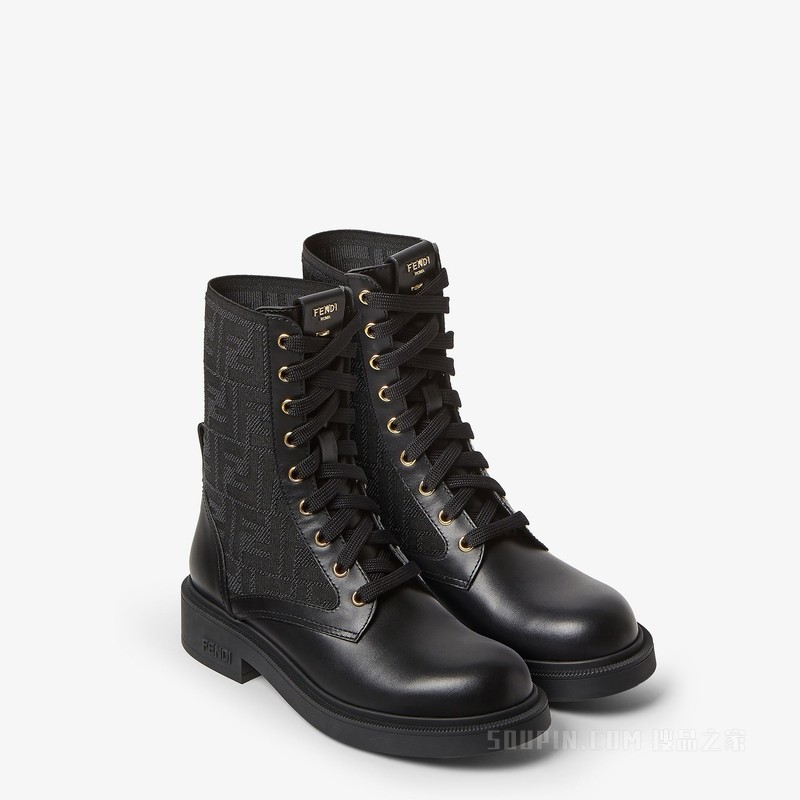 FENDI Filo 黑色皮革和FF布料机车靴