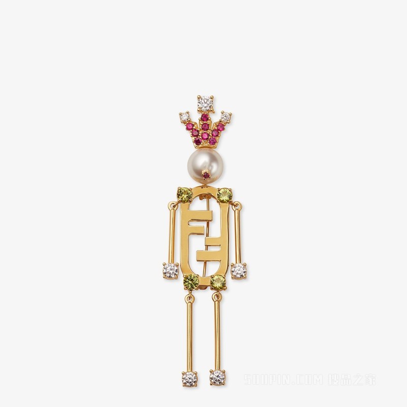 FENDI O'Lock胸针 树脂珍珠和人造水晶金色金属胸针