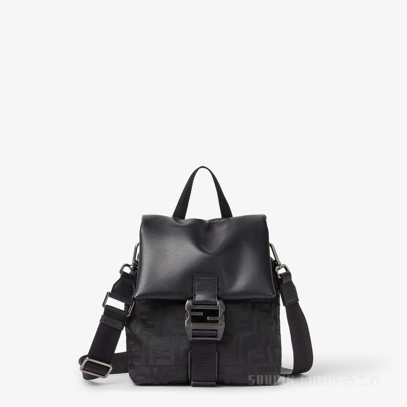 FENDI Flux斜挎包 黑色皮革和黑色FF尼龙手袋