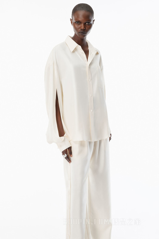 象牙白真丝开衩袖衬衫