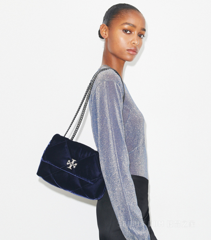 Kira 菱格纹绗缝密镶小号肩背包 深邃海军蓝