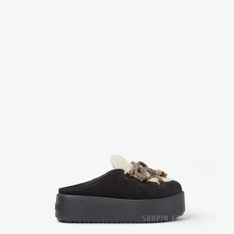 Apres Chic 黑色绒面革和白色羊剪毛平底鞋