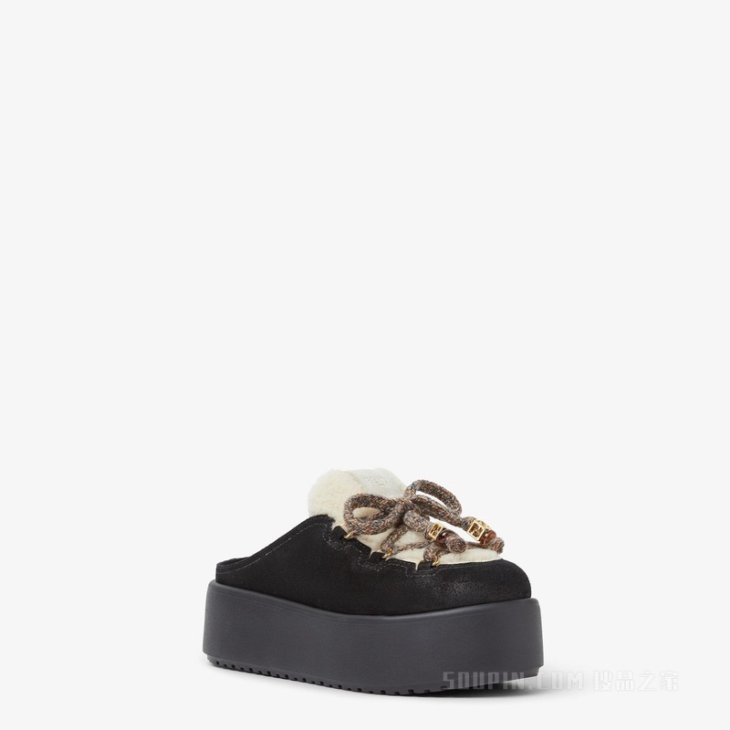 Apres Chic 黑色绒面革和白色羊剪毛平底鞋