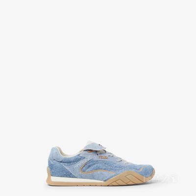 FENDI Wave Pulse 浅蓝色牛仔面料和绒面革低帮鞋