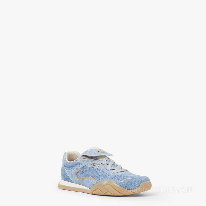 FENDI Wave Pulse 浅蓝色牛仔面料和绒面革低帮鞋