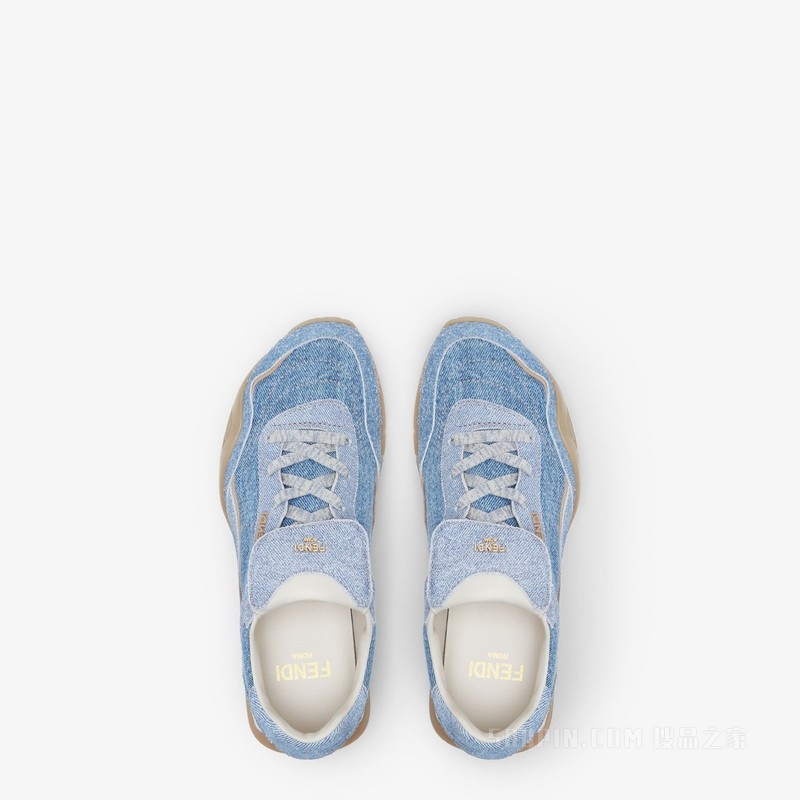 FENDI Wave Pulse 浅蓝色牛仔面料和绒面革低帮鞋