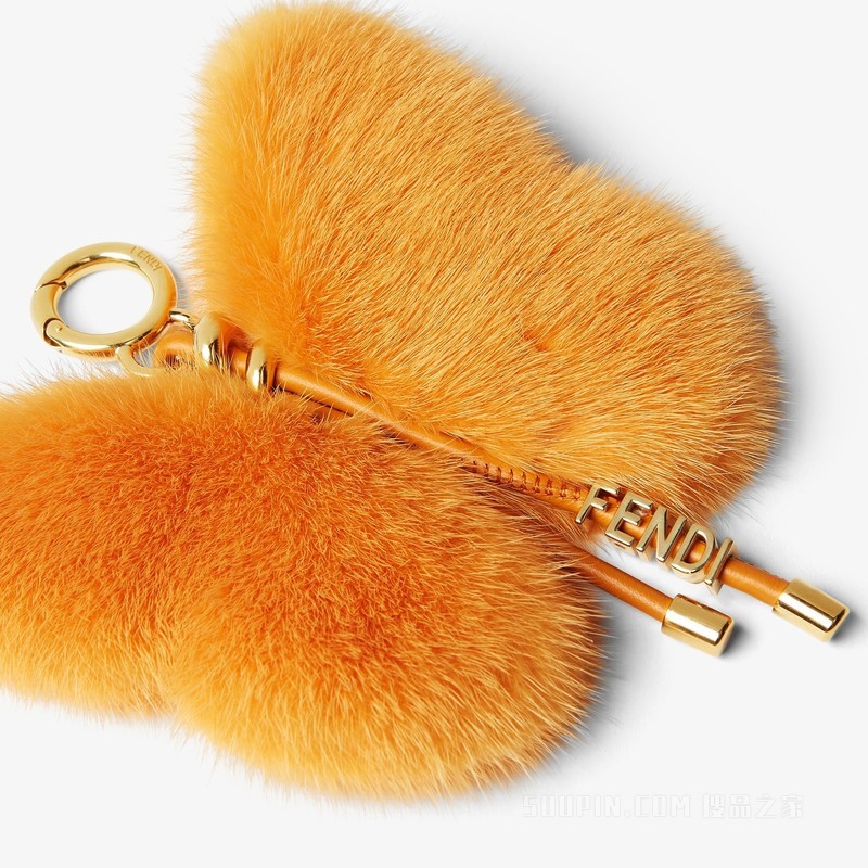 蝴蝶挂饰 橙色貂毛和皮革挂饰