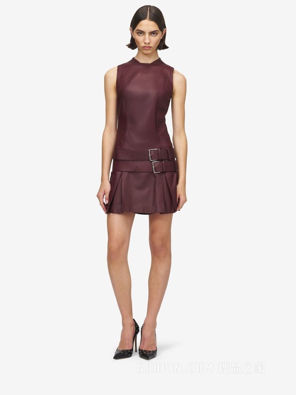 皮革双腰带迷你连衣裙