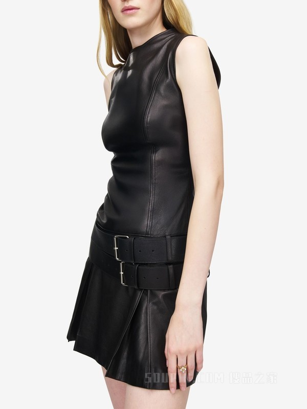 皮革双腰带迷你连衣裙