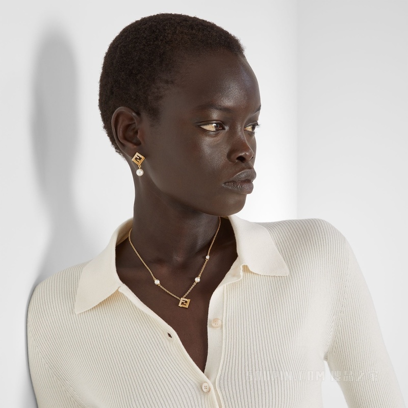 Forever FENDI项链 树脂珍珠和人造水晶金色金属项链