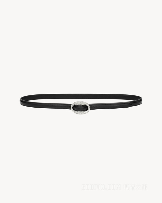 椭圆形水晶搭扣光滑皮革窄款腰带