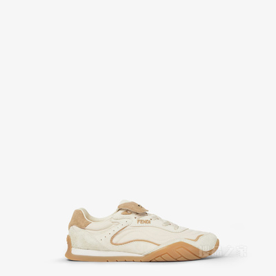 FENDI Wave Pulse 白色和米色绒面革低帮鞋