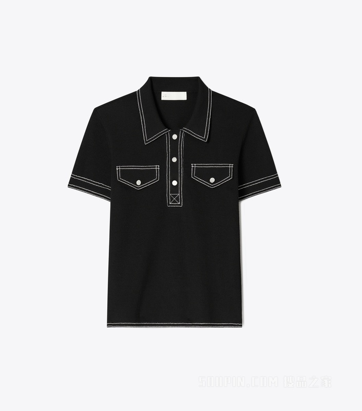 明线设计羊毛 Polo 衫 黑色