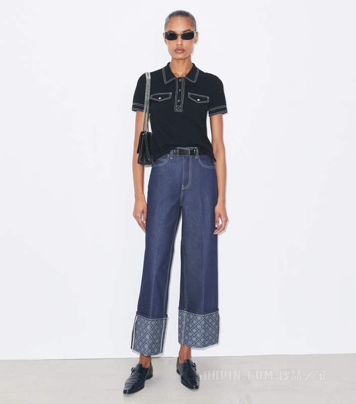 明线设计羊毛 Polo 衫 黑色