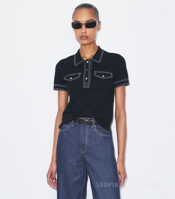 明线设计羊毛 Polo 衫 黑色