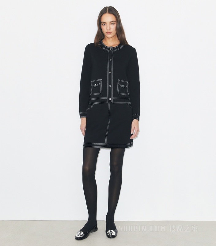 明线设计羊毛半身裙 黑色