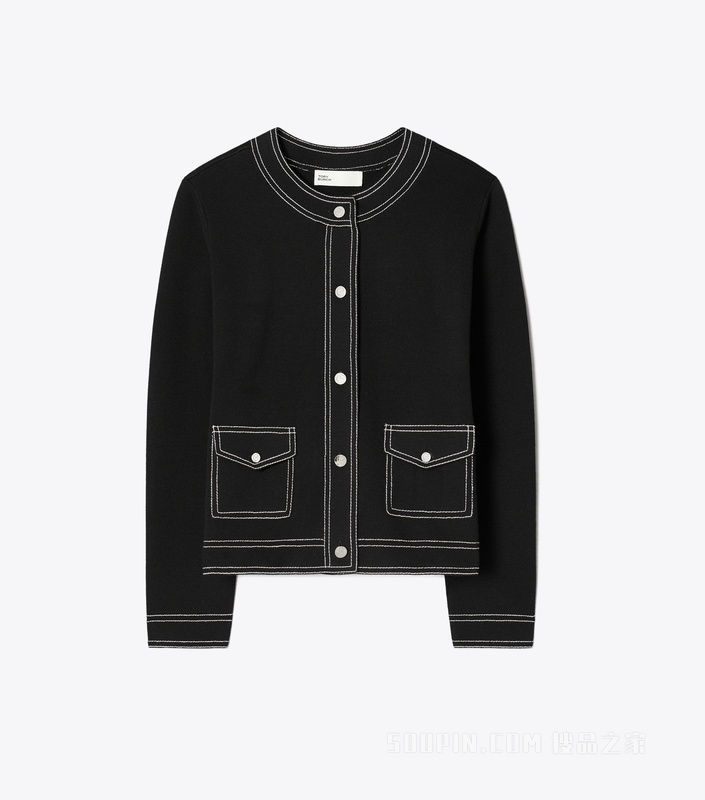 明线设计羊毛开衫 黑色