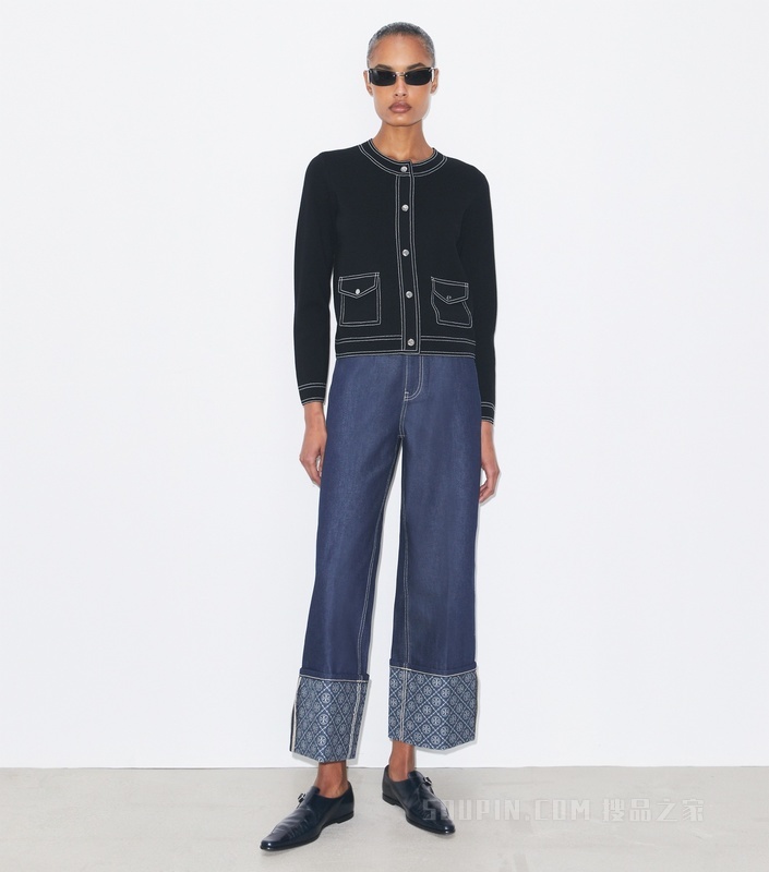 明线设计羊毛开衫 黑色