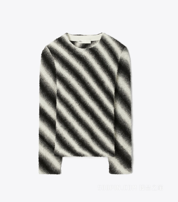 条纹开领羊毛毛衣 象牙白/黑色
