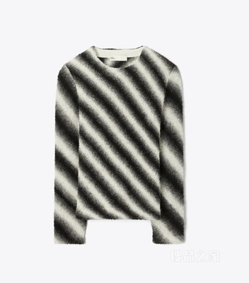 条纹开领羊毛毛衣 象牙白/黑色